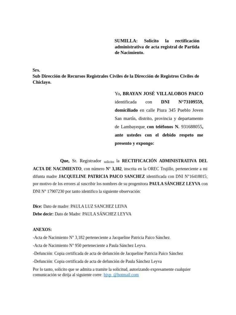 Solicitud A Reniec | PDF