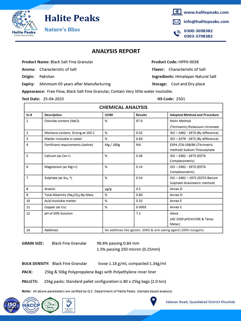 Black Salt Fine Granular Analysis Report | PDF | Sodium Chloride | Salt