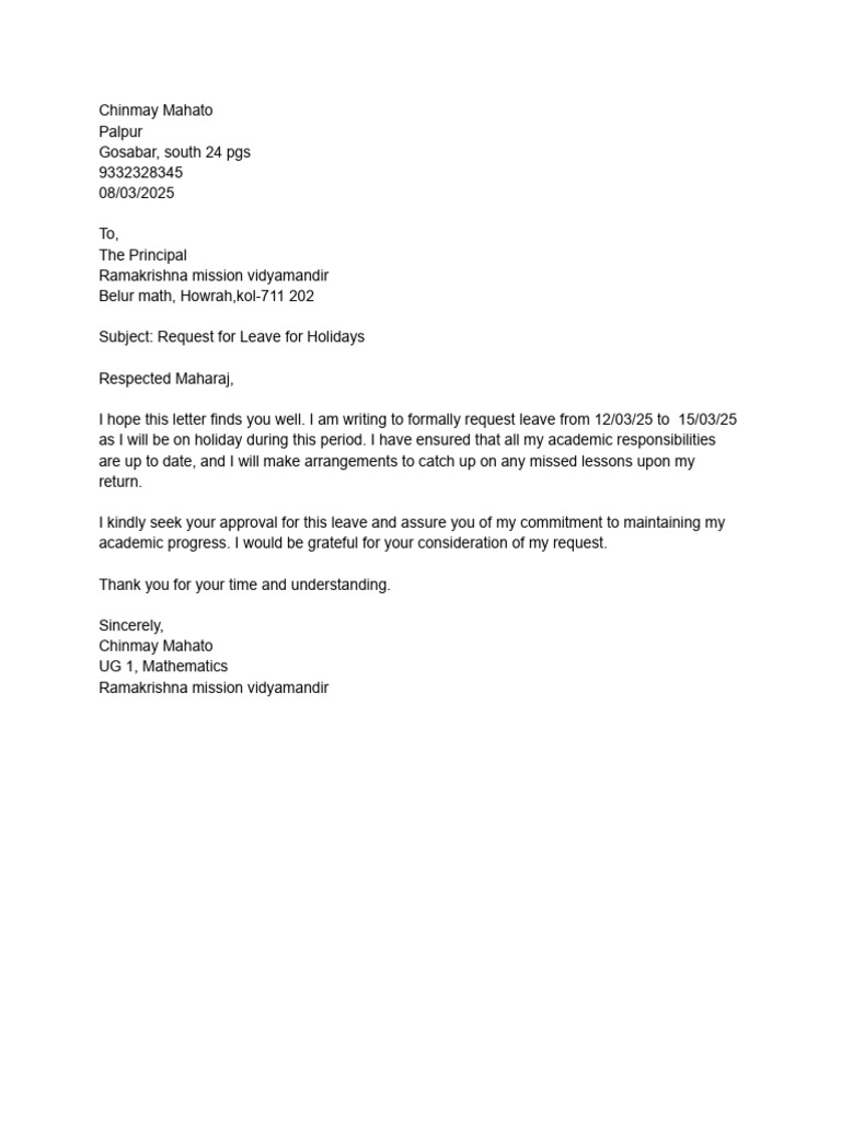 Letter For Holidays | PDF