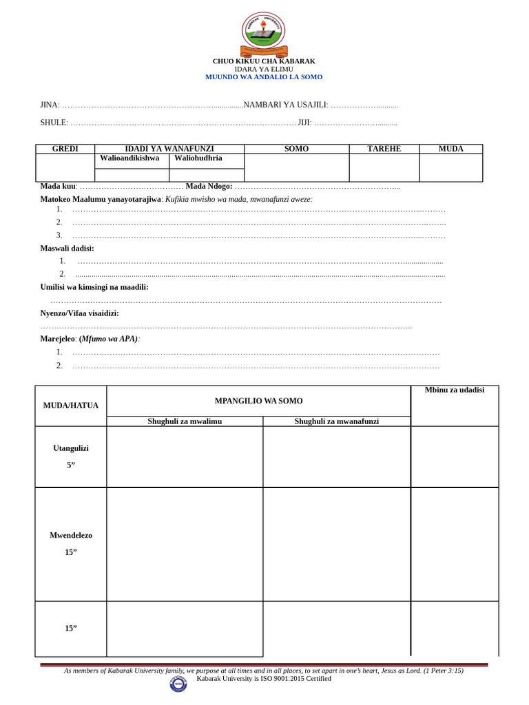 Kiswahili Lesson Plan Sample