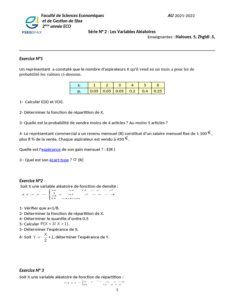 Exercices sur les Variables Aléatoires | PDF | Variable aléatoire à ...