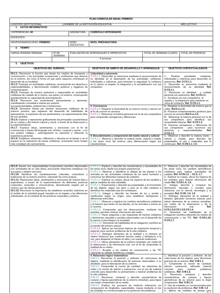 PLAN CURRICULAR ANUAL PRIMERO | PDF | Aprendizaje | Higiene