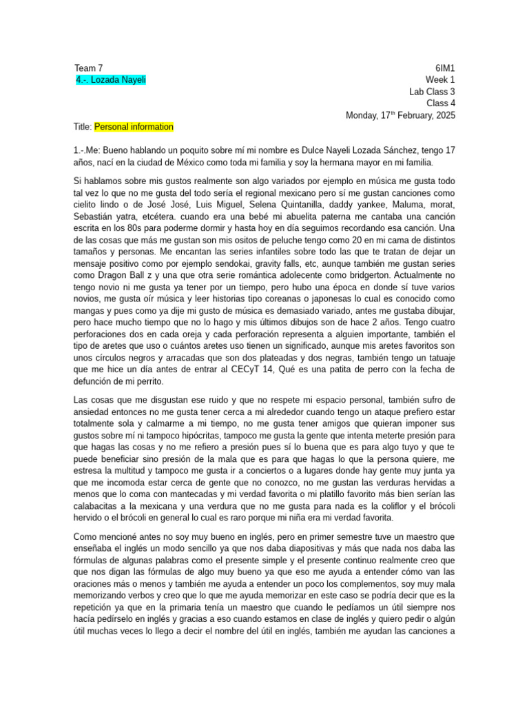 Perfil Personal de Dulce Nayeli Lozada | PDF