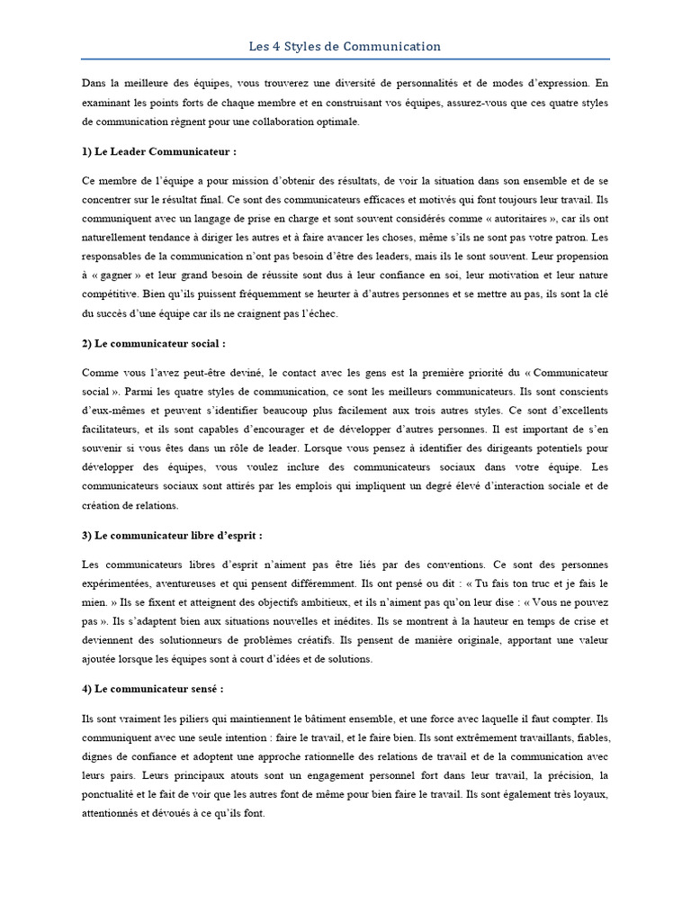 Les 4 Styles de Communication | PDF | la communication | Psychologie ...
