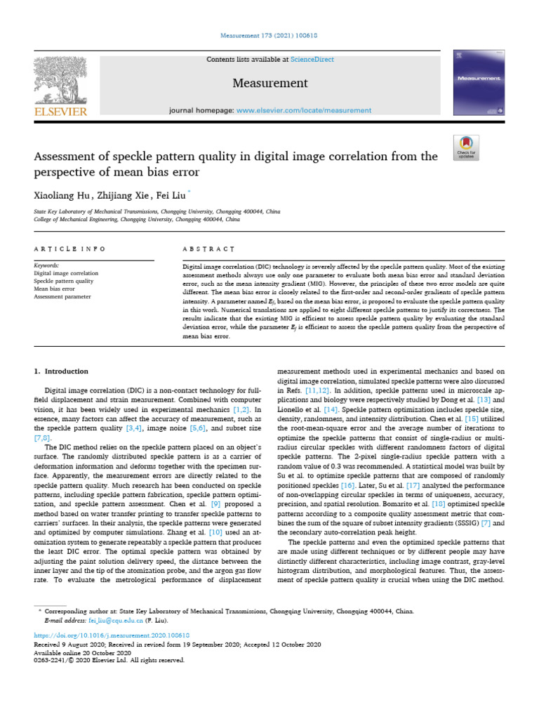 Assessment of Speckle Pattern Quality in Digital Image Correlation From ...
