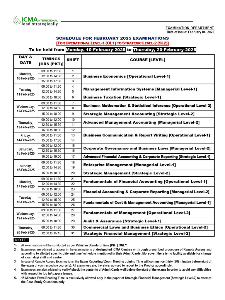 February 2025 ICMA Exam Schedule | PDF | Management Accounting | Business