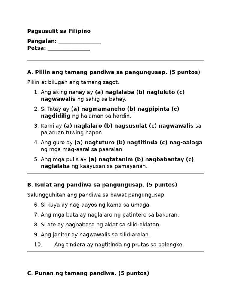 Pagsusulit Sa Filipino Weekly Test | PDF