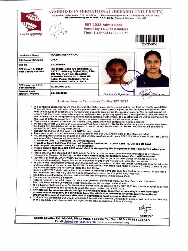 SET 2023 Admit Card Instructions | PDF | Identity Document | Authentication