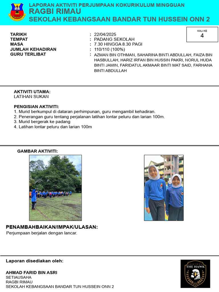 Laporan Aktiviti Kokurikulum Ragbi Rimau - 22 - 04 - 2025 | PDF
