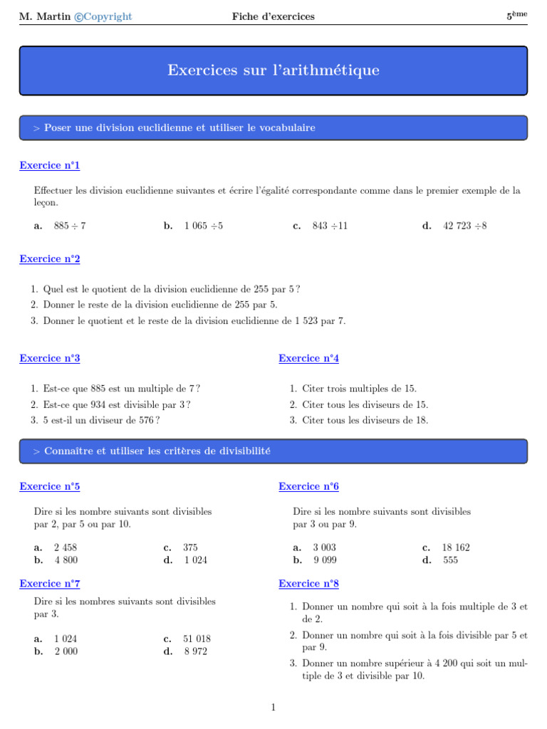 Exercices d'Arithmétique 5ème | PDF | Théorie des nombres | Théorie des ...
