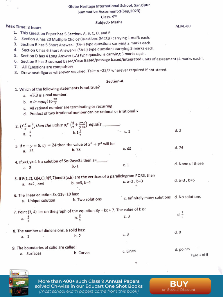 Class 9 Maths Summative Assessment 2023 | PDF | Triangle | Area