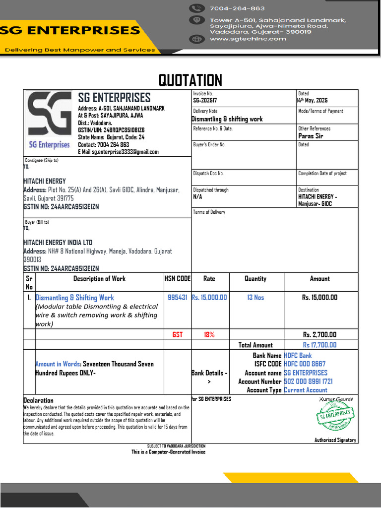 SG Enterprises Quotation for Dismantling Work | PDF | Invoice
