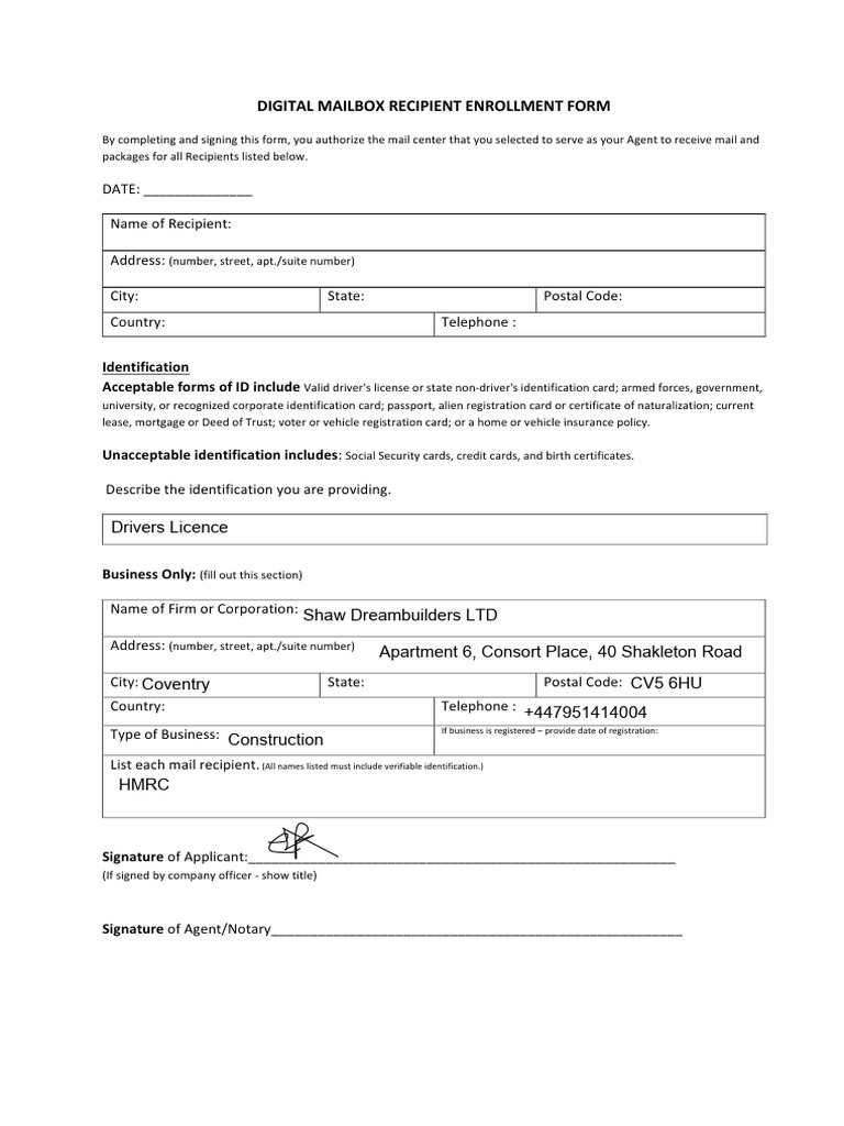 Digital Mailbox Recipient Enrollment Form | PDF