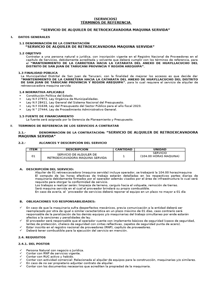 TDR Alquiler de Retroexcavadora | PDF