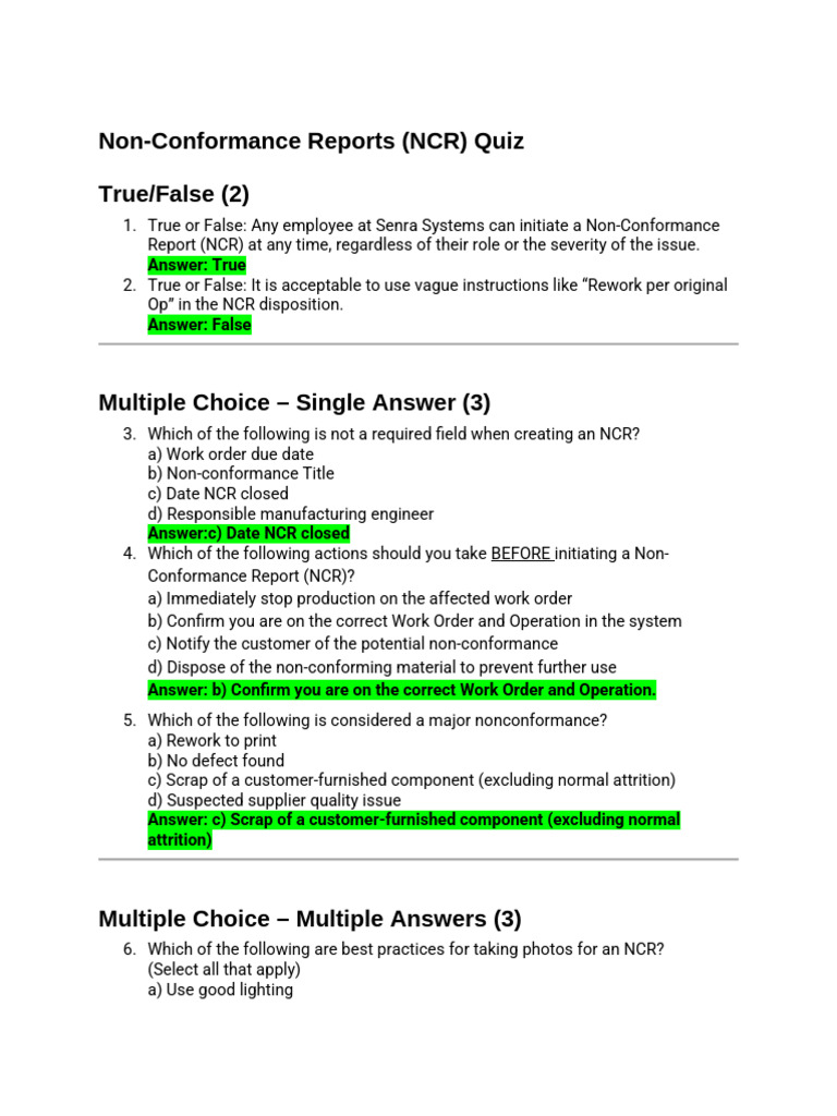NCR Quiz: True/False & Multiple Choice | PDF