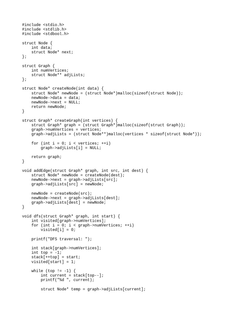 C Graph DFS Implementation in C | PDF