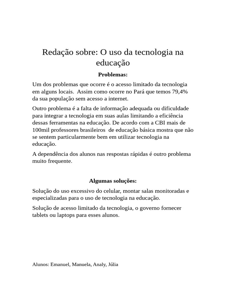 Redaçao Sobre o Uso de Tecnologia Na Educaçao | PDF