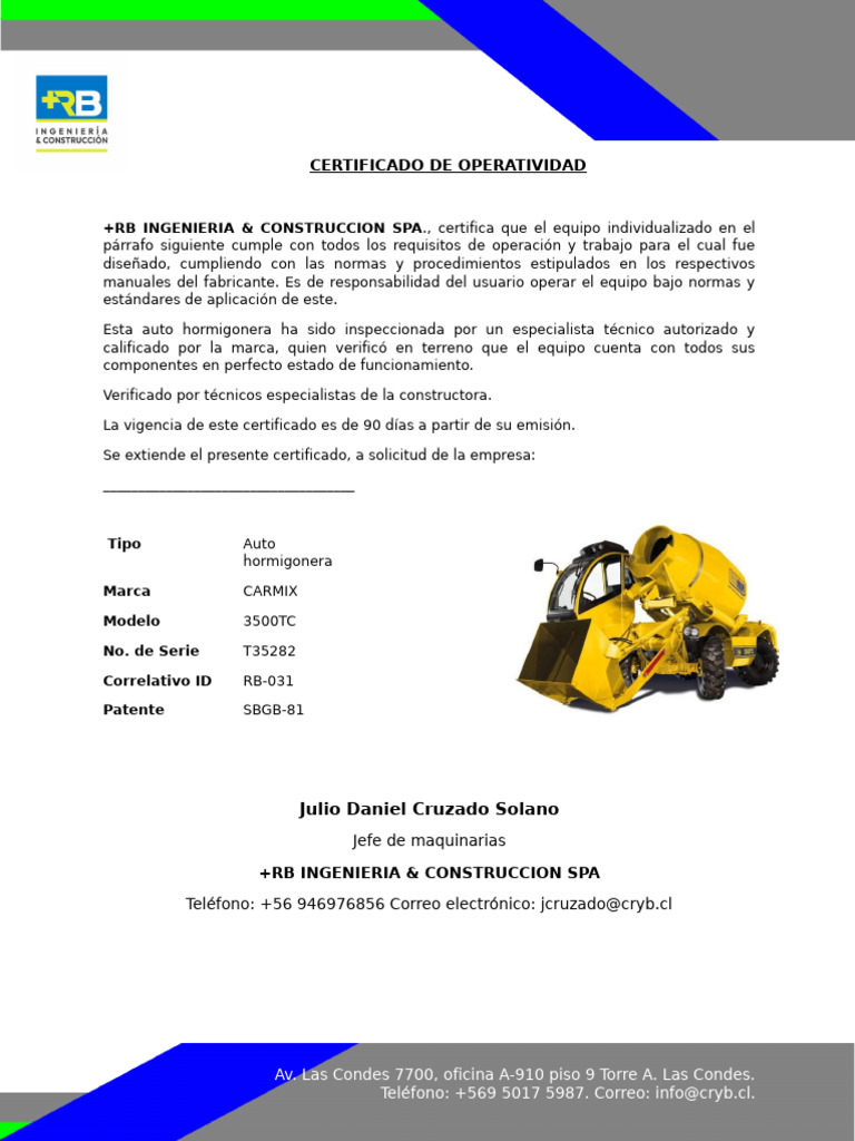 Certificado de Operatividad: Auto Hormigonera | PDF