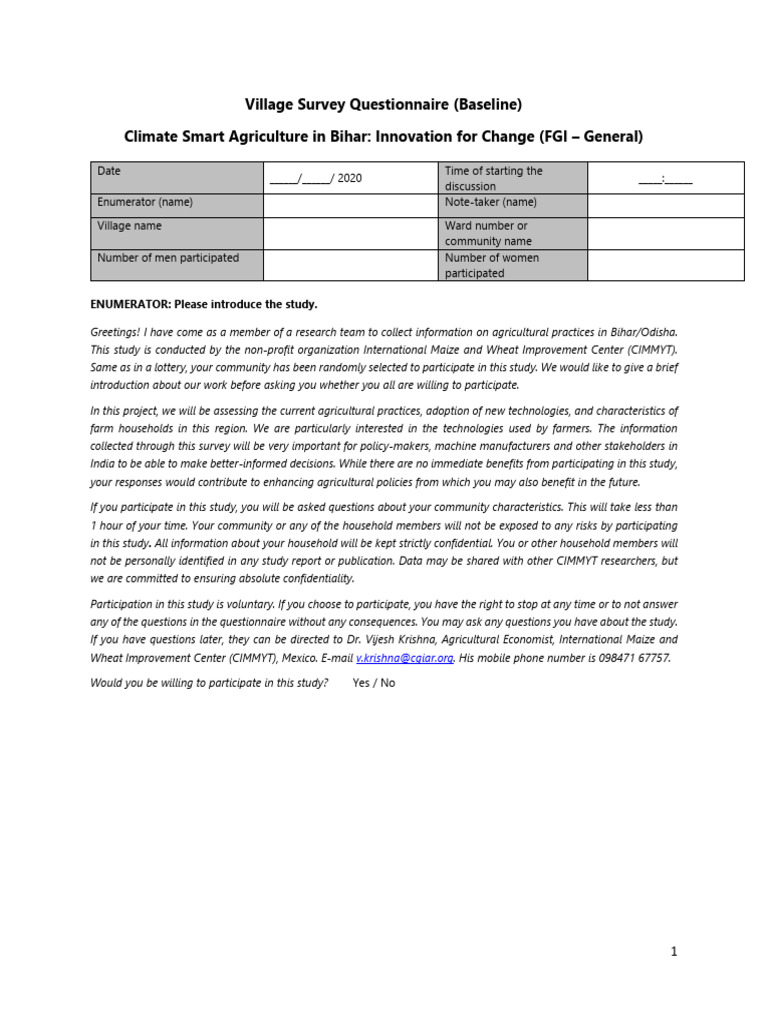 Suggested Questionnaire For Bihar Villages | PDF | Agriculture | Irrigation