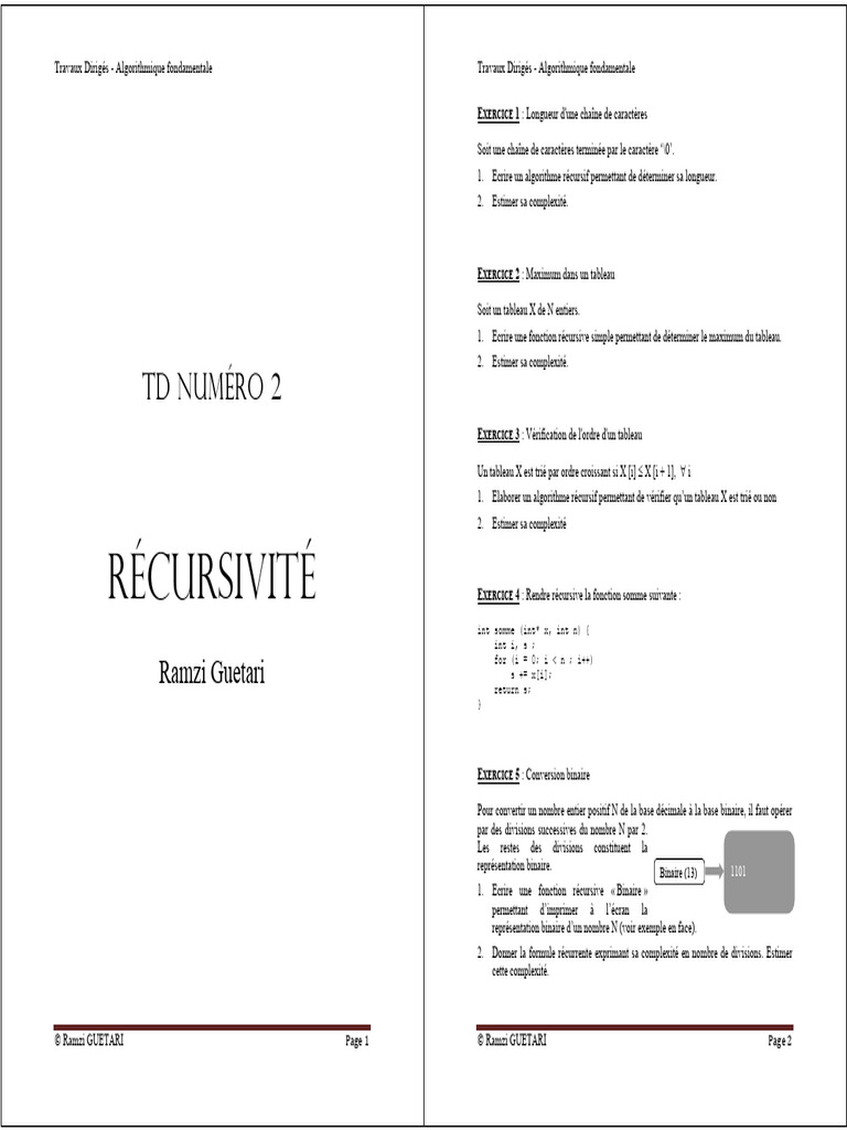 Exercices de Récursivité en Algorithmique | PDF | Programmation ...