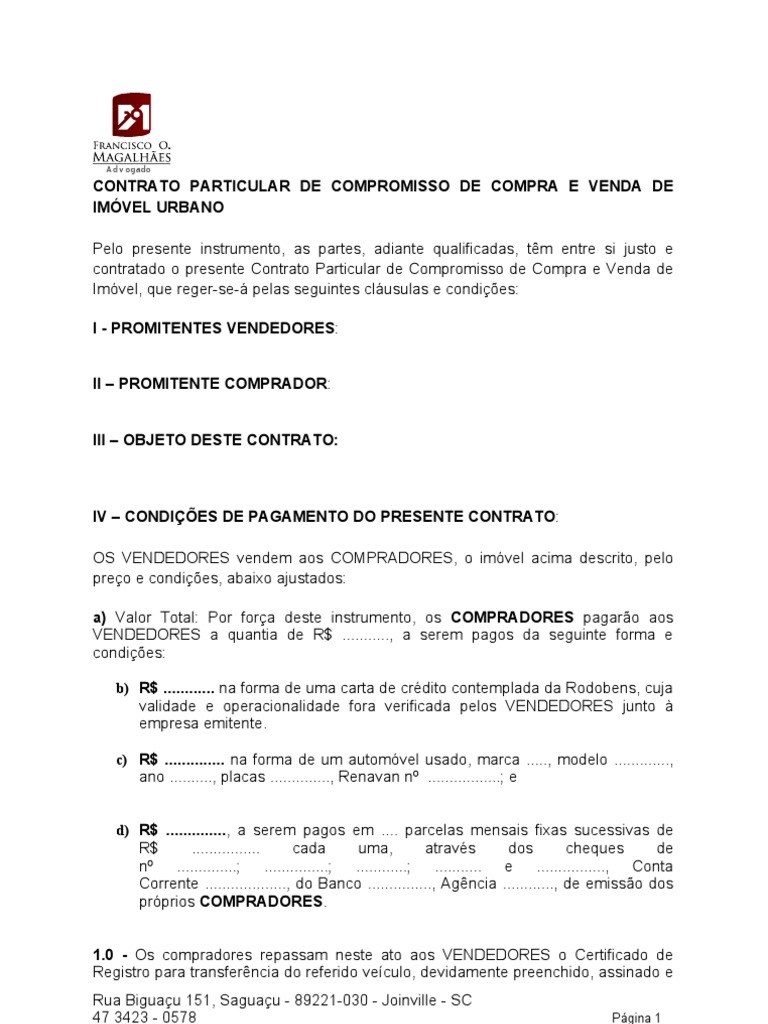 CONTRATO PARTICULAR DE COMPROMISSO DE COMPRA E VENDA DE IMÓVEL URBANO