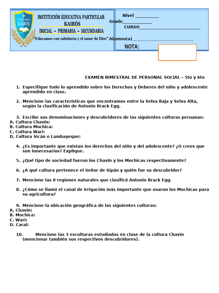 Examen Bimestral de Personal Social 5to-6to | PDF