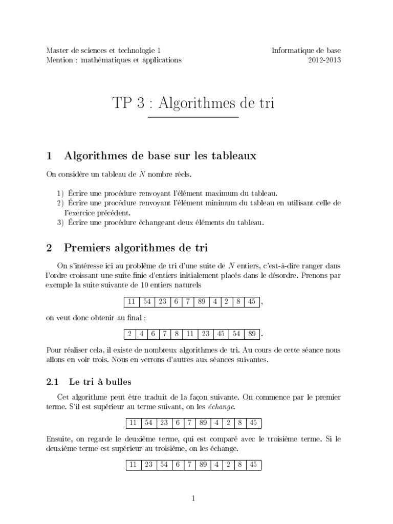Algorithmes de tri pour tableaux numériques | PDF | Informatique ...
