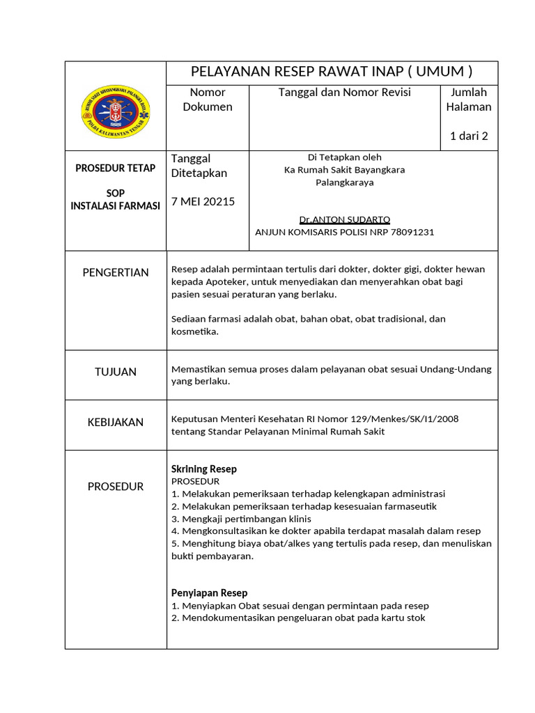 Prosedur Pelayanan Resep Rawat Inap | PDF