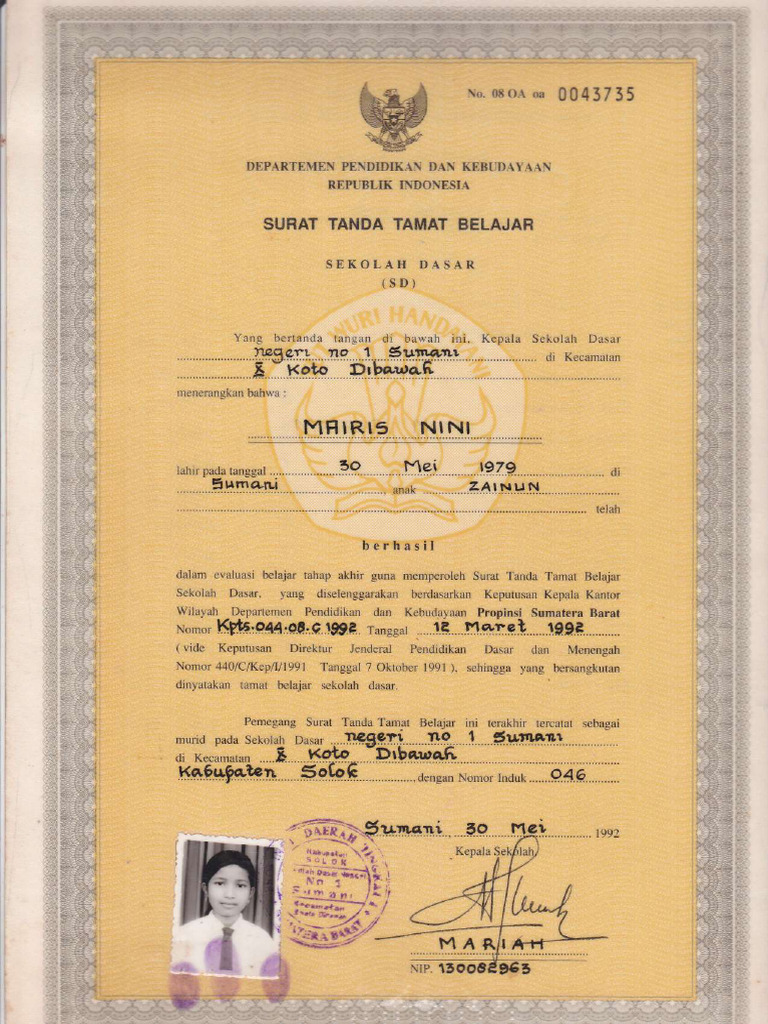 Surat Tanda Tamat Belajar SD | PDF