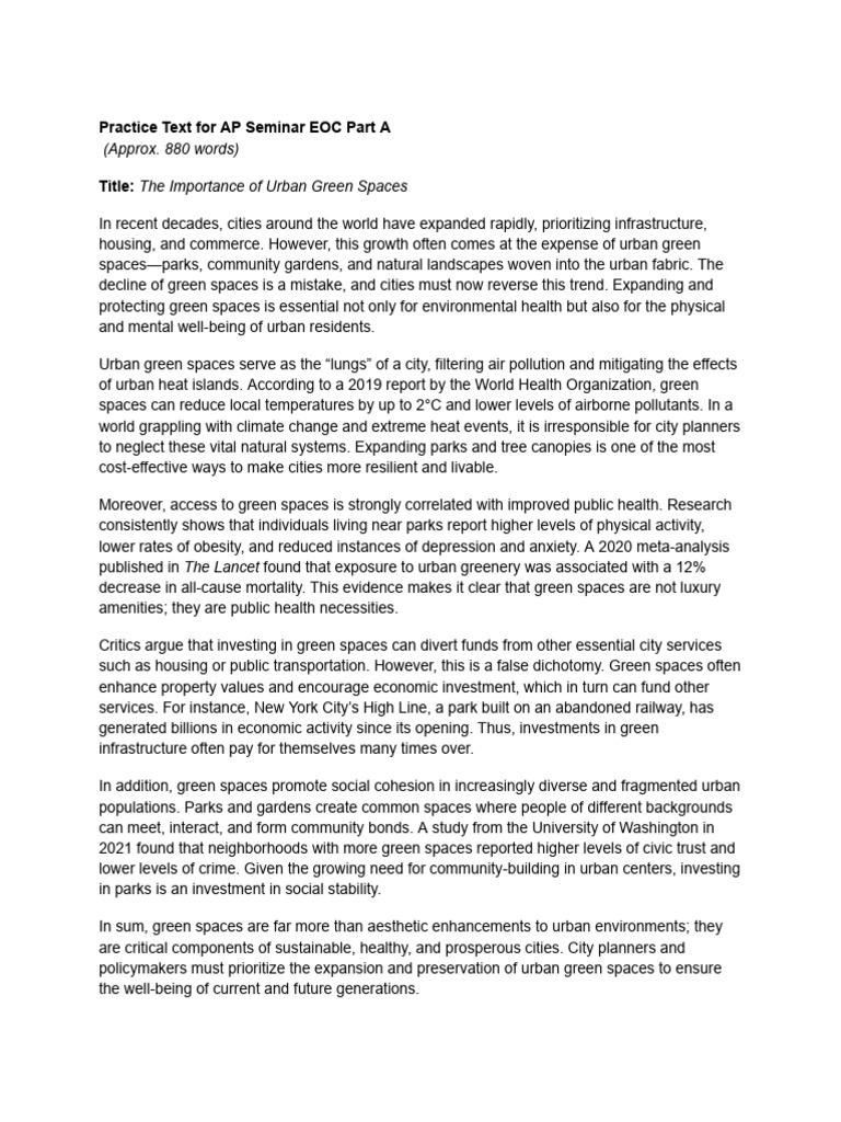 The Importance of Urban Green Spaces | PDF | Environment | Urbanization