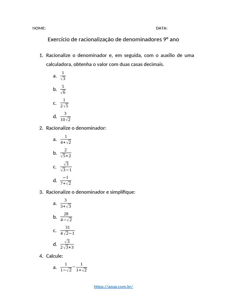 Exercicio de Racionalização de Denominadores 9ano | PDF