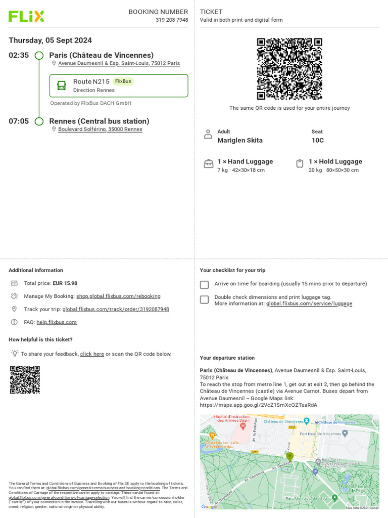FlixBus Ticket: Paris to Rennes | PDF | Public Transport | Transport