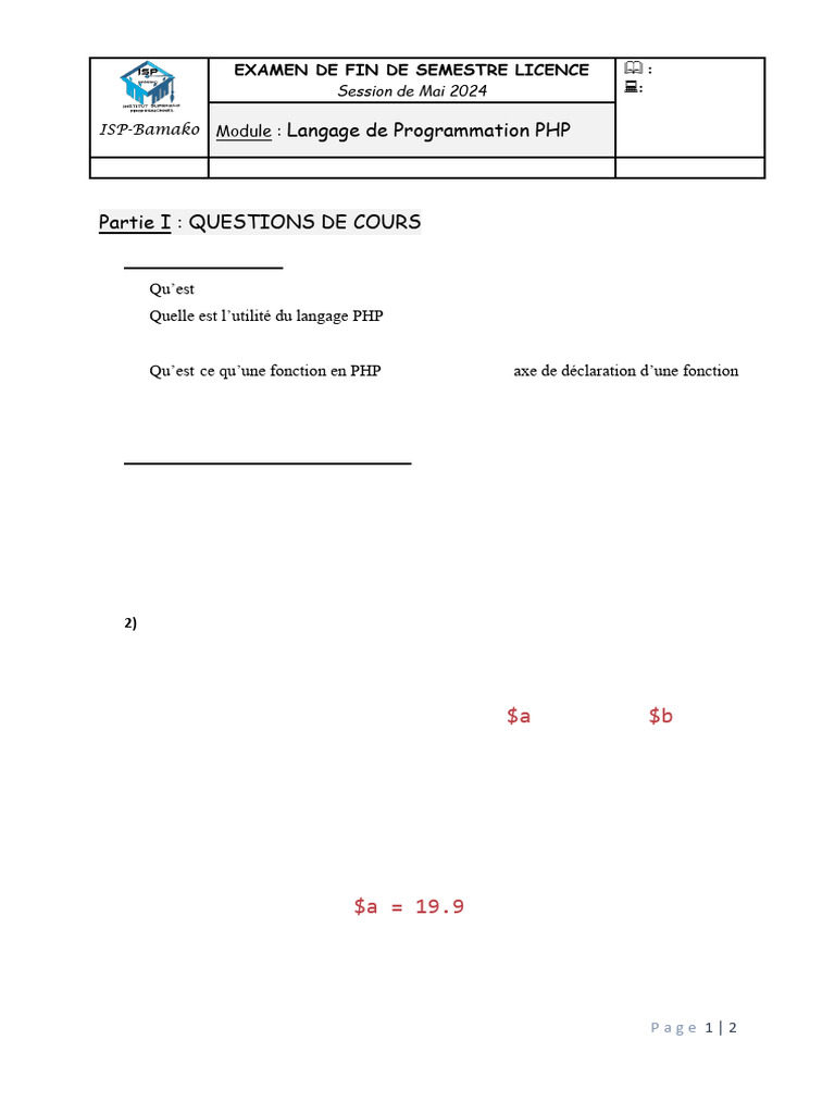 Examen de PHP - Questions et Exercices | PDF | PHP | Internet