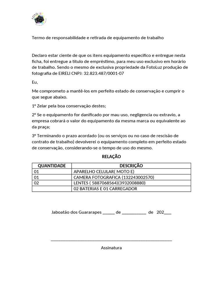 Termo de Responsabilidade e Retirada de Equipamento de Trabalho - Docx ...