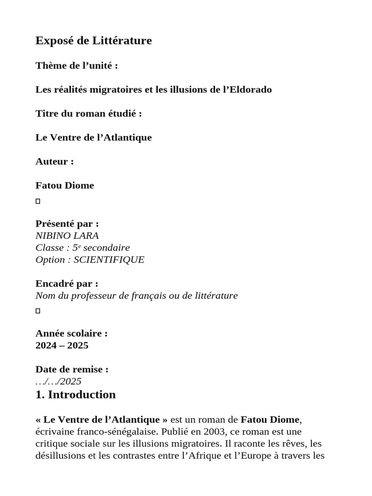 Exposé de Français de L'élève LARA NIBINO | PDF | Sénégal | Romans