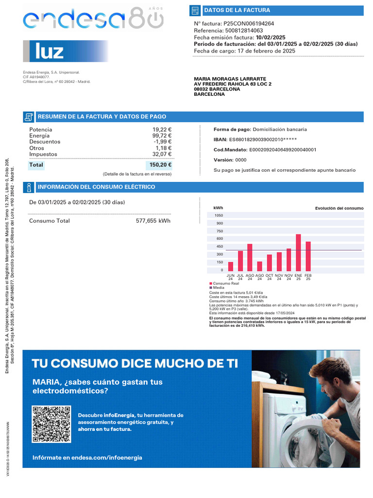 Factura de luz Endesa - Febrero 2025 | PDF | Economias