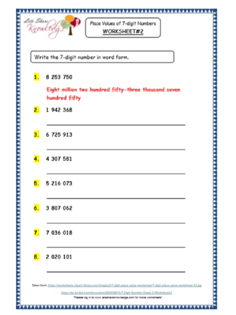 7-Digit Number Place Value Worksheet | PDF