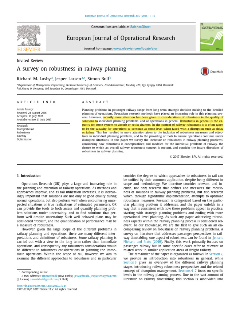 LlUSBY2018 - A Survey On Robustness in Railway Planning | PDF | Robust ...