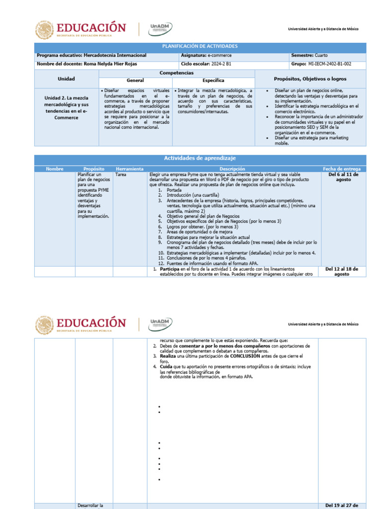 Planificación de Actividades 2024-2 B1 Unidad 2 E-Commerce | PDF | Plan ...