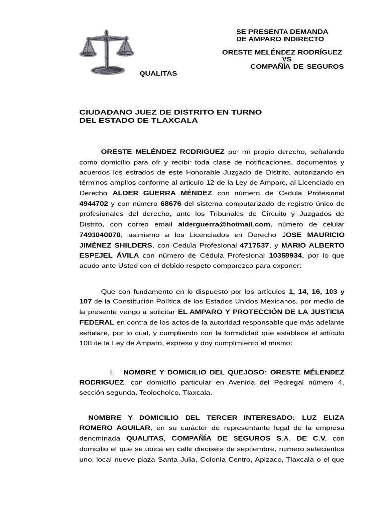 Demanda de Amparo Indirecto Oreste | PDF | Derecho Constitucional ...