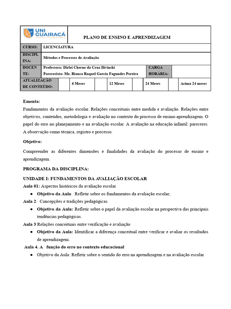Avaliação do Ensino e Aprendizagem | PDF | Pedagogia | Pré-escola