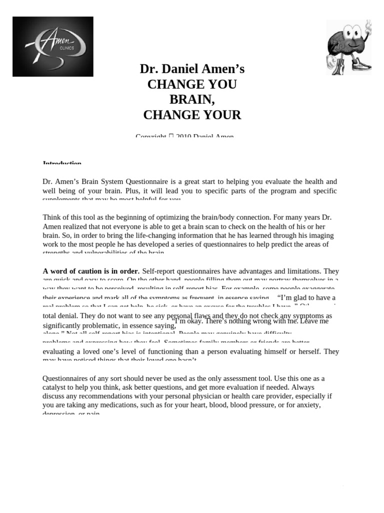 Dr. Amen's Brain System Questionnaire | PDF | Mental Disorder | Apnea