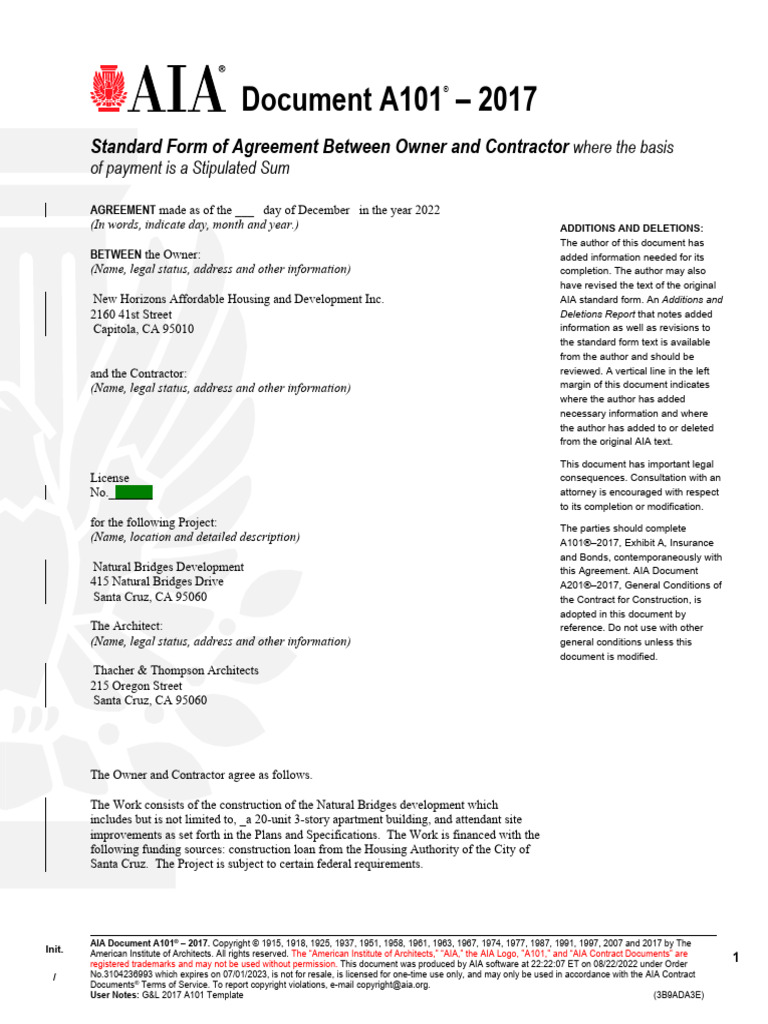 Construction Contract AIA A101 | PDF | Indemnity | Employment