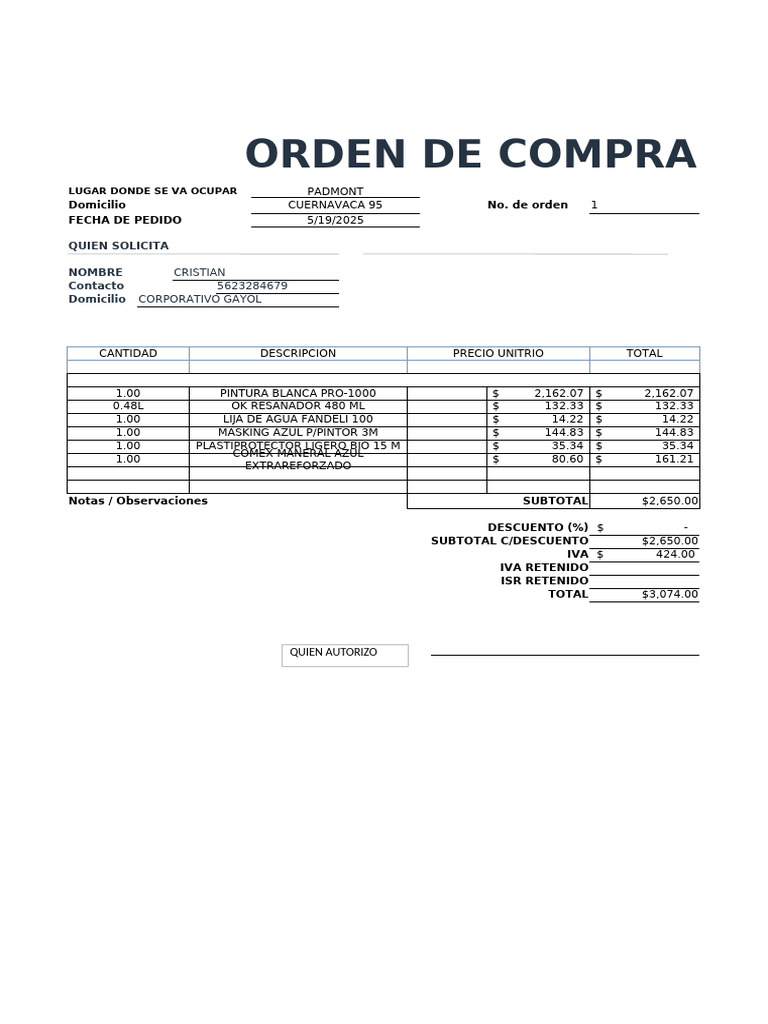 Orden de Compra Padmont | PDF