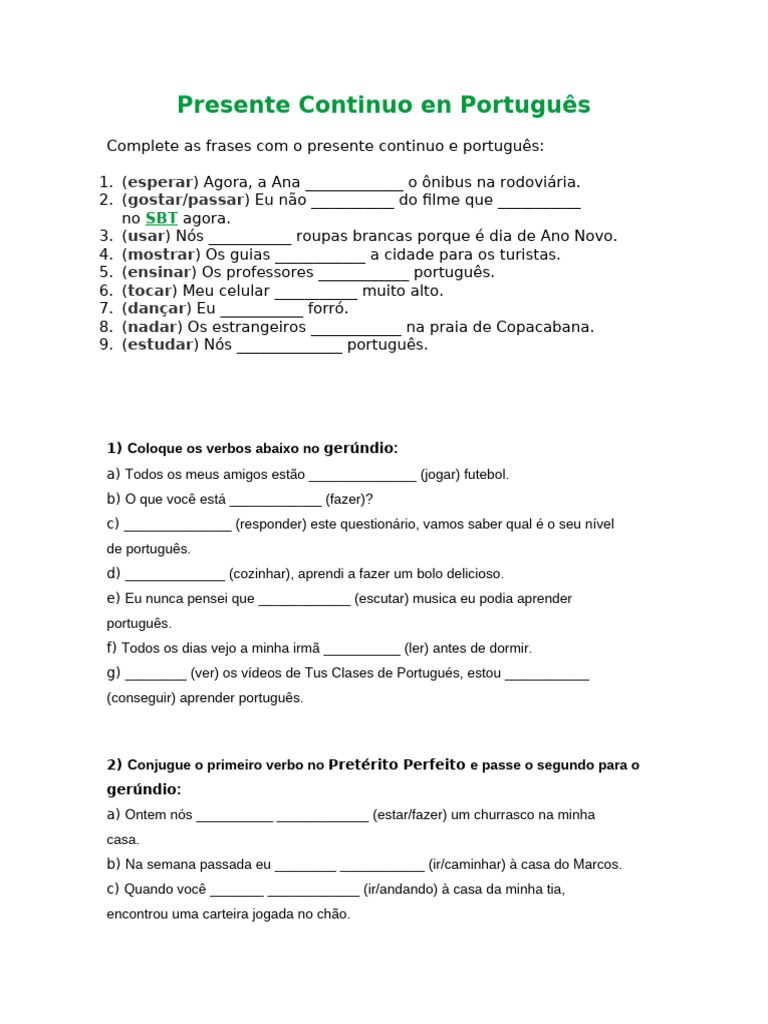 Exercícios de Presente Contínuo em Português | PDF