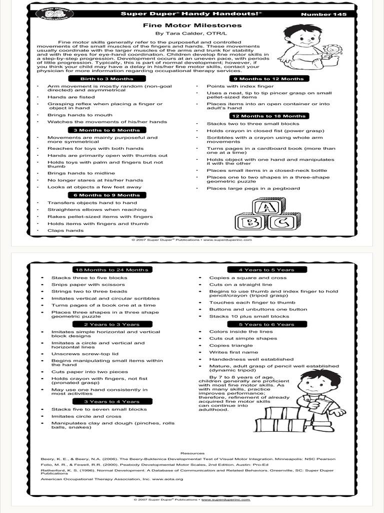 145 Fine Motor Milestones PDF Motor Control Hand | PDF | Hand