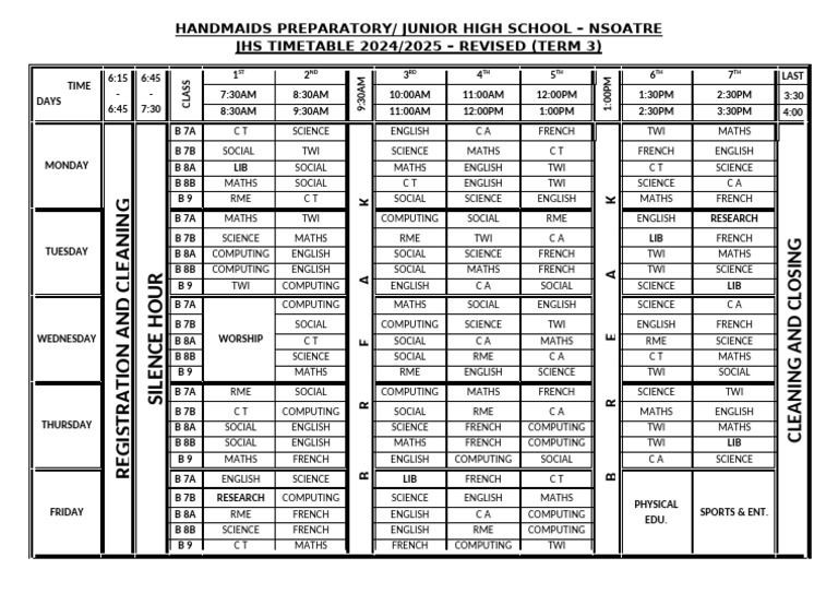 JHS Timetable 2024/2025 - Term 3 | PDF