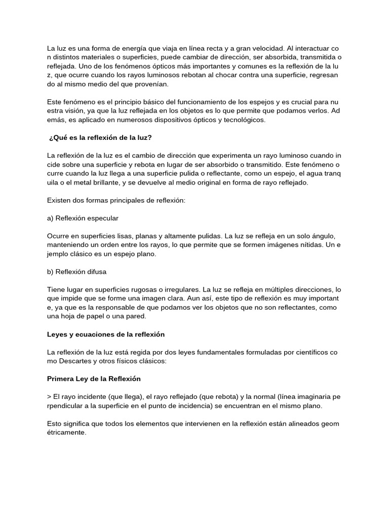 La Reflexión de La Luz | PDF | Espejo | Reflexión (Física)