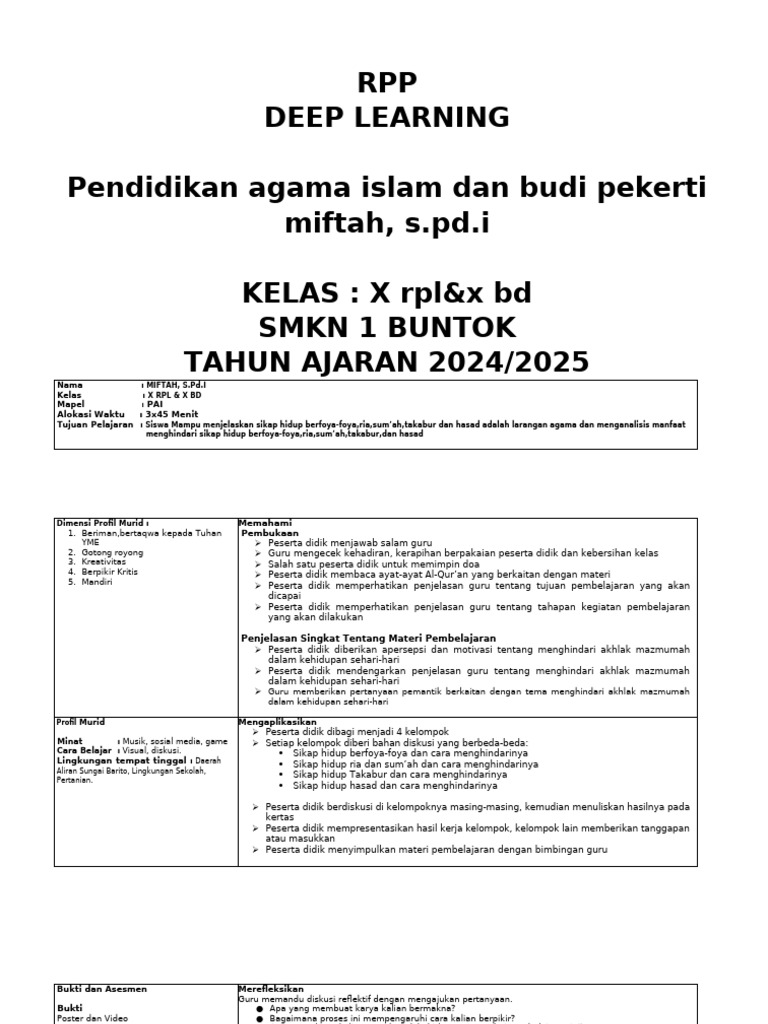 RPP Deep Learning PAI Kelas X SMK | PDF