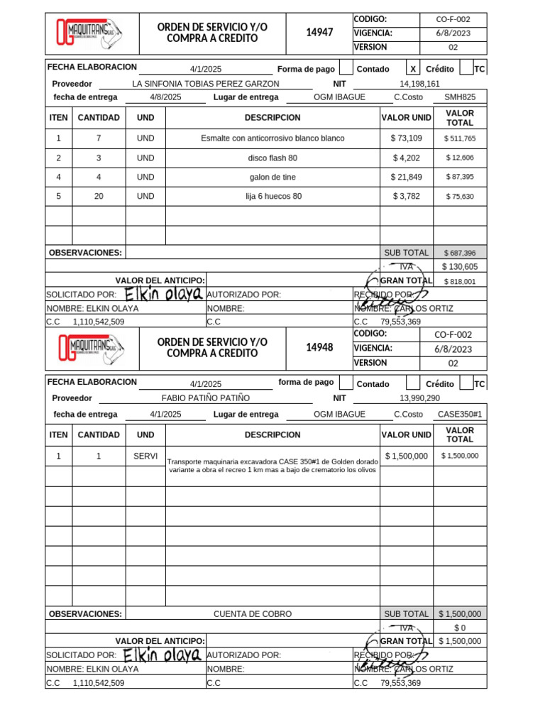 Co-F-011 Orden de Servicio y o Compra Credito Nuevo | PDF | Metalurgia